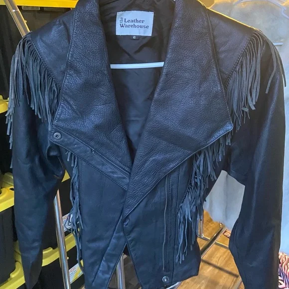 Women's Black Fringe Leather Jacket - Picture 1 of 6
